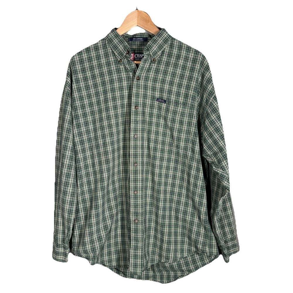 Chaps Ralph Lauren Shirt Mens Large Green Plaid Button Up Casual Classic Preppy